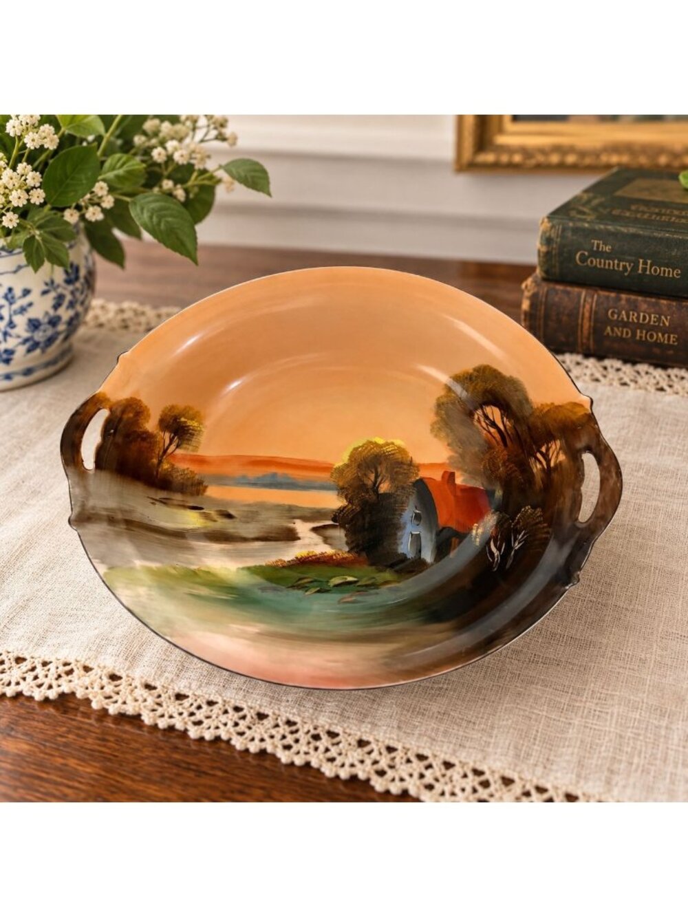 Noritake Hand Painted Scenic Landscape Porcelain Serving Bowl Japan Vintage